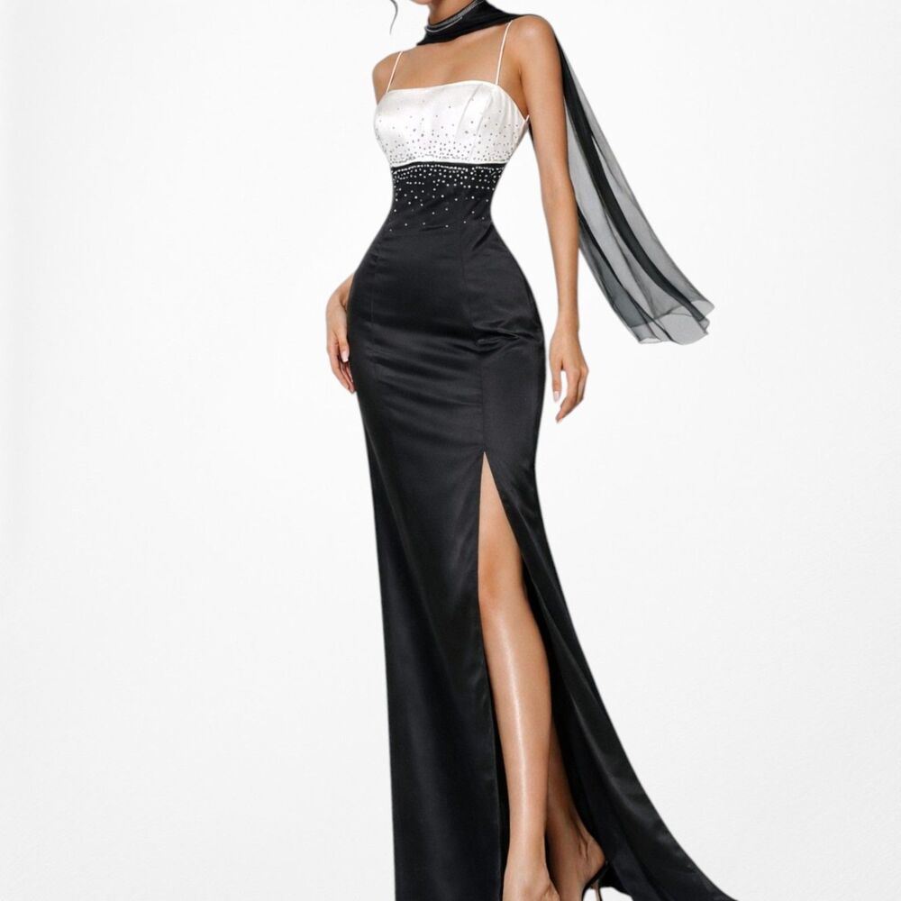 Vintage White Black Beaded Rhinestone Satin Slit Bodycon Maxi Formal Prom Dress